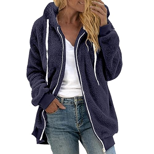 Fleecejacke Damen Warm Winterjacke Teddy-Fleece Hoodie Winter Plüschjacke Langarm Kapuzenjacke mit Kapuze Wintermantel Mode Übergangsjacke Einfarbig Casual Teddyjacke Oversize Mantel von KDEIHT