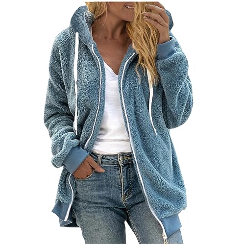 Fleecejacke Damen Warm Winterjacke Teddy-Fleece Hoodie Winter Plüschjacke Langarm Kapuzenjacke mit Kapuze Wintermantel Mode Übergangsjacke Einfarbig Casual Teddyjacke Oversize Mantel von KDEIHT