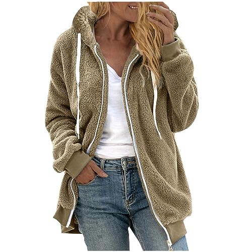 Fleecejacke Damen Warm Winterjacke Teddy-Fleece Hoodie Winter Plüschjacke Langarm Kapuzenjacke mit Kapuze Wintermantel Mode Übergangsjacke Einfarbig Casual Teddyjacke Oversize Mantel von KDEIHT