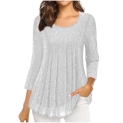 Glitzer Oberteile Damen 3/4 Ärmel Bluse Elegant Pailletten Tunika Festliche Blusenshirt Mesh Pullover Einfarbig Tshirt Silvester Outfit Leicht und Luftig T-Shirt Mode Blusentop Longbluse von KDEIHT