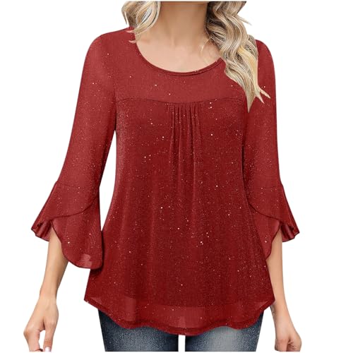 Glitzer Oberteile Damen 3/4 Ärmel Bluse Elegant Pailletten Tunika Festliche Blusenshirt Mesh Pullover Einfarbig Tshirt Silvester Outfit Leicht und Luftig T-Shirt Mode Blusentop Longbluse von KDEIHT