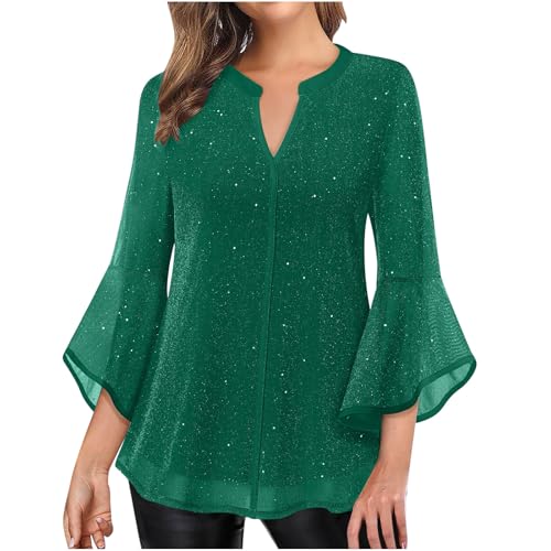 Glitzer Oberteile Damen 3/4 Ärmel Bluse Elegant Pailletten Tunika Festliche Blusenshirt Mesh Pullover Einfarbig Tshirt Silvester Outfit Leicht und Luftig T-Shirt Mode Blusentop Longbluse von KDEIHT