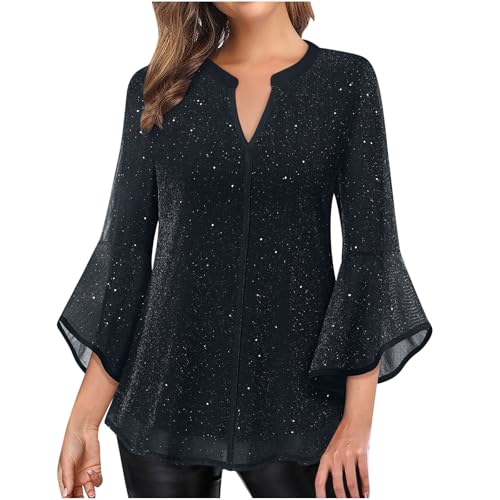 Glitzer Oberteile Damen 3/4 Ärmel Bluse Elegant Pailletten Tunika Festliche Blusenshirt Mesh Pullover Einfarbig Tshirt Silvester Outfit Leicht und Luftig T-Shirt Mode Blusentop Longbluse von KDEIHT