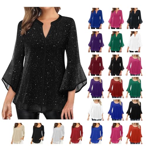 Glitzer Oberteile Damen 3/4 Ärmel Bluse Elegant Pailletten Tunika Festliche Blusenshirt Mesh Pullover Einfarbig Tshirt Silvester Outfit Leicht und Luftig T-Shirt Mode Blusentop Longbluse von KDEIHT