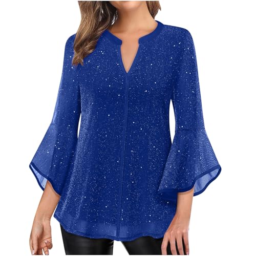 Glitzer Oberteile Damen 3/4 Ärmel Bluse Elegant Pailletten Tunika Festliche Blusenshirt Mesh Pullover Einfarbig Tshirt Silvester Outfit Leicht und Luftig T-Shirt Mode Blusentop Longbluse von KDEIHT