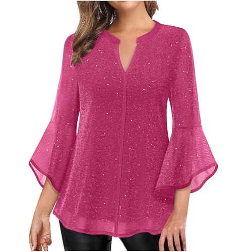 Glitzer Oberteile Damen 3/4 Ärmel Bluse Elegant Pailletten Tunika Festliche Blusenshirt Mesh Pullover Einfarbig Tshirt Silvester Outfit Leicht und Luftig T-Shirt Mode Blusentop Longbluse von KDEIHT
