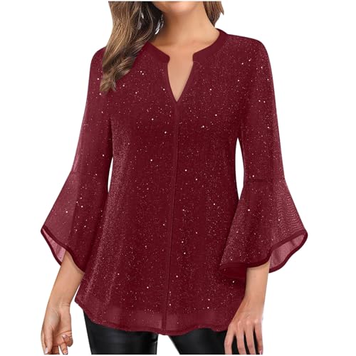 Glitzer Oberteile Damen 3/4 Ärmel Bluse Elegant Pailletten Tunika Festliche Blusenshirt Mesh Pullover Einfarbig Tshirt Silvester Outfit Leicht und Luftig T-Shirt Mode Blusentop Longbluse von KDEIHT
