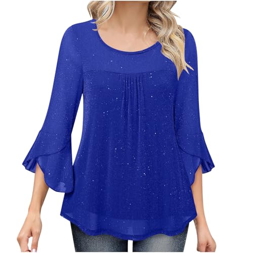 Glitzer Oberteile Damen 3/4 Ärmel Bluse Elegant Pailletten Tunika Festliche Blusenshirt Mesh Pullover Einfarbig Tshirt Silvester Outfit Leicht und Luftig T-Shirt Mode Blusentop Longbluse von KDEIHT