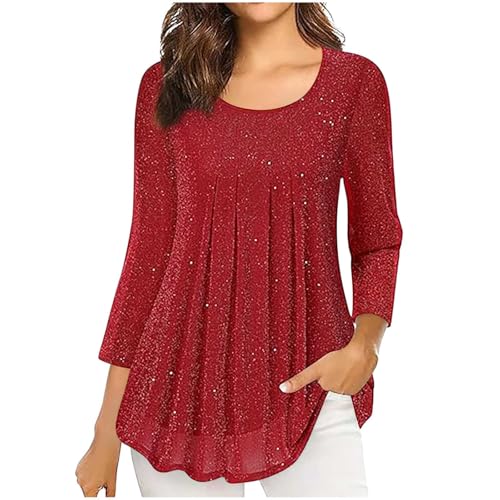 Glitzer Oberteile Damen 3/4 Ärmel Bluse Elegant Pailletten Tunika Festliche Blusenshirt Mesh Pullover Einfarbig Tshirt Silvester Outfit Leicht und Luftig T-Shirt Mode Blusentop Longbluse von KDEIHT