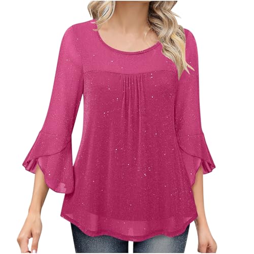 Glitzer Oberteile Damen 3/4 Ärmel Bluse Elegant Pailletten Tunika Festliche Blusenshirt Mesh Pullover Einfarbig Tshirt Silvester Outfit Leicht und Luftig T-Shirt Mode Blusentop Longbluse von KDEIHT