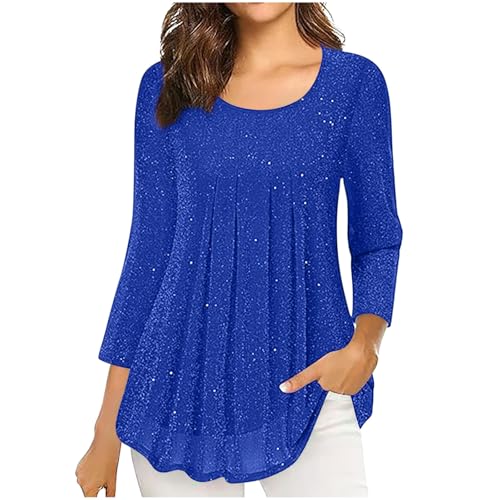Glitzer Oberteile Damen 3/4 Ärmel Bluse Elegant Pailletten Tunika Festliche Blusenshirt Mesh Pullover Einfarbig Tshirt Silvester Outfit Leicht und Luftig T-Shirt Mode Blusentop Longbluse von KDEIHT