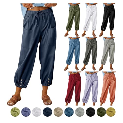 Hosen Damen 7/8 Leinenhose Sommer Leicht Jogginghose Baumwolle Leinen Freizeithose mit Taschen Kordelzug Haremshose Einfarbig Lässige Sommerhose Elastische Strandhose von KDEIHT
