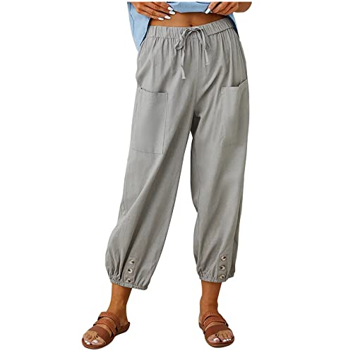Hosen Damen 7/8 Leinenhose Sommer Leicht Jogginghose Baumwolle Leinen Freizeithose mit Taschen Kordelzug Haremshose Einfarbig Lässige Sommerhose Elastische Strandhose von KDEIHT
