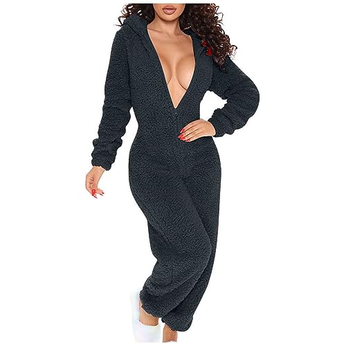 Jumpsuit Damen Teddy Fleece Einteiler Overall Anzug Flauschig Schlafanzug Winter Warm Onesie Plüsch Lange Hausanzug mit Kapuze Pyjama Weich Kuschelig One-Piece Teddyfleece Jumpsuit von KDEIHT