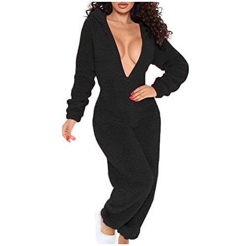 Jumpsuit Damen Teddy Fleece Einteiler Overall Anzug Flauschig Schlafanzug Winter Warm Onesie Plüsch Lange Hausanzug mit Kapuze Pyjama Weich Kuschelig One-Piece Teddyfleece Jumpsuit von KDEIHT