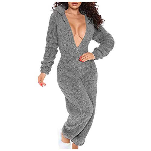Jumpsuit Damen Teddy Fleece Einteiler Overall Anzug Flauschig Schlafanzug Winter Warm Onesie Plüsch Lange Hausanzug mit Kapuze Pyjama Weich Kuschelig One-Piece Teddyfleece Jumpsuit von KDEIHT