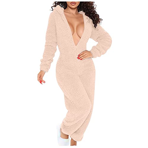 Jumpsuit Damen Teddy Fleece Einteiler Overall Anzug Flauschig Schlafanzug Winter Warm Onesie Plüsch Lange Hausanzug mit Kapuze Pyjama Weich Kuschelig One-Piece Teddyfleece Jumpsuit von KDEIHT