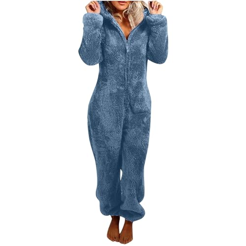 Jumpsuit Damen Teddy Fleece Overall Kuschelig Warm Einteiler Onesie Winter Flauschig Schlafanzug Plüsch Hausanzug mit Kapuze Pyjama Lang Schlafoverall Elegant Anzug Einfarbig Loungewear von KDEIHT