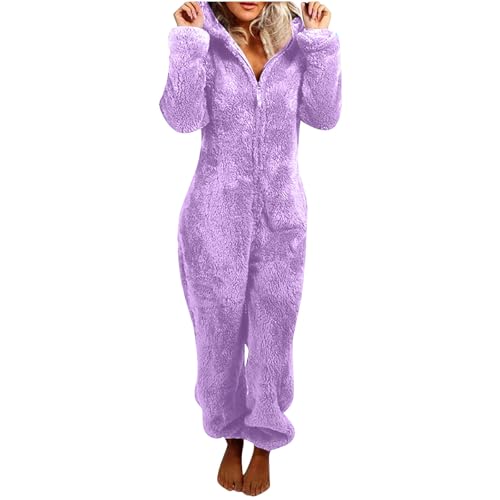 Jumpsuit Damen Teddy Fleece Overall Kuschelig Warm Einteiler Onesie Winter Flauschig Schlafanzug Plüsch Hausanzug mit Kapuze Pyjama Lang Schlafoverall Elegant Anzug Einfarbig Loungewear von KDEIHT