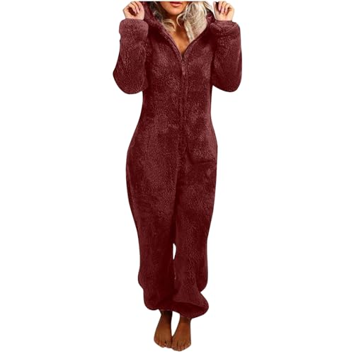 Jumpsuit Damen Winter Pyjama Teddy Fleece Overall Kuschelig Einteiler Onesie Warm Elegant Schlafanzug Lange Flauschig Schlafoverall Weich Anzug mit Kapuze Reißverschluss Homewear von KDEIHT