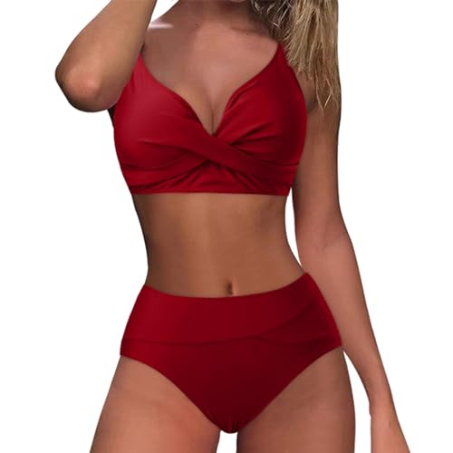 KDEIHT Bikini Damen Set Cross Zweiteiliger Badeanzug V Ausschnitt Bademode High Waist Badeanzüge Bikinioberteil Badehose Anzug mit Bauchkontrolle Swimsuit Strand Beachwear von KDEIHT