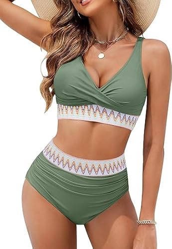 KDEIHT Bikini Damen Set Cross Zweiteiliger Badeanzug V Ausschnitt Bademode High Waist Badeanzüge Bikinioberteil Badehose Anzug mit Bauchkontrolle Swimsuit Strand Beachwear von KDEIHT