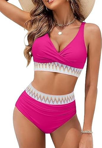 KDEIHT Bikini Damen Set Cross Zweiteiliger Badeanzug V Ausschnitt Bademode High Waist Badeanzüge Bikinioberteil Badehose Anzug mit Bauchkontrolle Swimsuit Strand Beachwear von KDEIHT