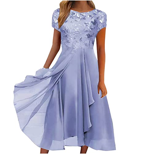 KDEIHT Damen Chiffon Spitzenkleid Brautjungfer Kleid Elegant Party Cocktailkleid Festliches Ballkleid Kurzarm Partykleid Rundhalsausschnitt Abendkleid Sommerkleid von KDEIHT