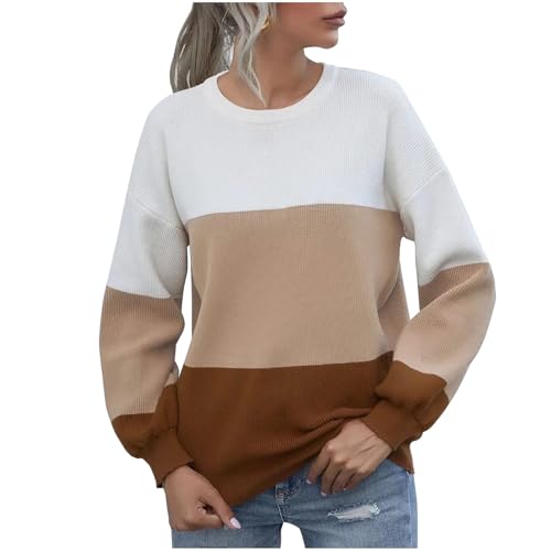 KDEIHT Damen Pullover Neues 2024 Strickpullover Elegant Pulli Rundhals Langarm Sweatshirt Stricken Oberteile Streifen Casual Sweater Mode Warm Strickpulli Einfach Tunika Klassisch Winterpullover von KDEIHT