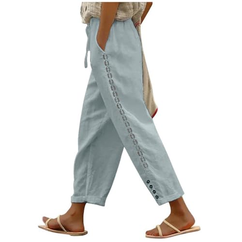 KDEIHT Damen Sommer Leinenhose Lange Leicht Sommerhose Elegant Freizeithose Bequem Stoffhose Lässige Strandhose mit Tasche Jogginghose Einfarbig Mode Luftig Strandhose befristetes Angebot von KDEIHT