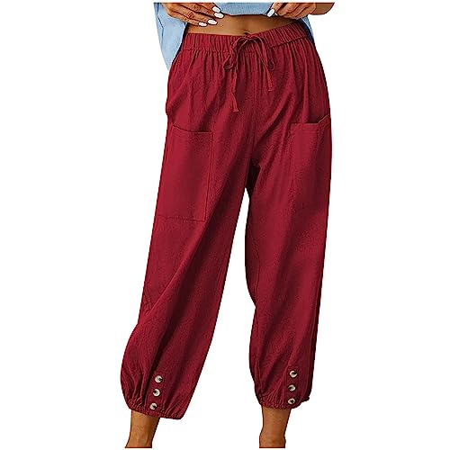 Hosen Damen 7/8 Leinenhose Sommer Leicht Jogginghose Baumwolle Leinen Freizeithose mit Taschen Kordelzug Haremshose Einfarbig Lässige Sommerhose Elastische Taille Caprihose Strandhose von KDEIHT