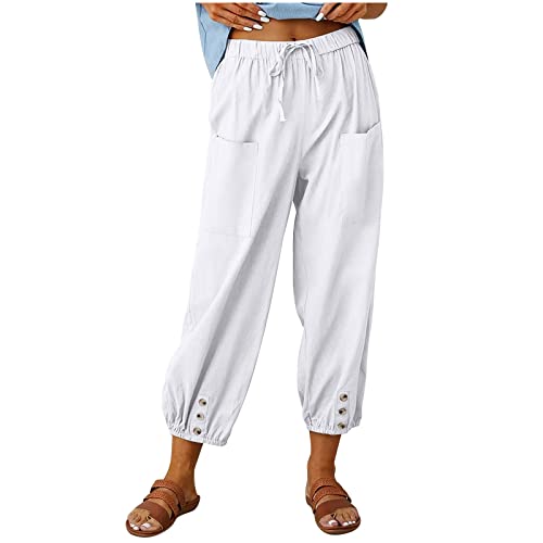 Hosen Damen 7/8 Leinenhose Sommer Leicht Jogginghose Baumwolle Leinen Freizeithose mit Taschen Kordelzug Haremshose Einfarbig Lässige Sommerhose Elastische Taille Caprihose Strandhose von KDEIHT