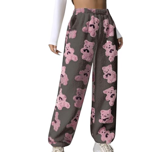 KDEIHT Jogginghose Damen Fleece Hose Winter Warm Pyjamahose High Waist Sporthose Casual Cargohose Plüsch Bequeme Freizeithose Thermo Wanderhose Baggy Plüschhose Flauschige Elastische Haremshose von KDEIHT