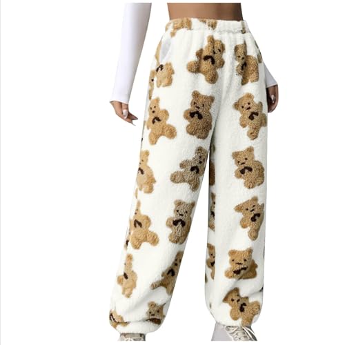 KDEIHT Jogginghose Damen Fleece Hose Winter Warm Pyjamahose High Waist Sporthose Casual Cargohose Plüsch Bequeme Freizeithose Thermo Wanderhose Baggy Plüschhose Flauschige Elastische Haremshose von KDEIHT