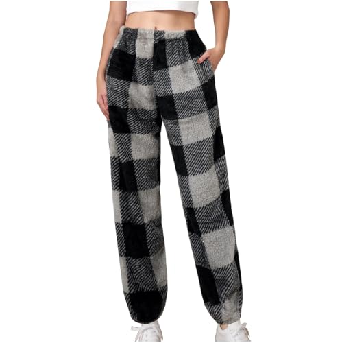 KDEIHT Jogginghose Damen Fleece Hose Winter Warm Pyjamahose High Waist Sporthose Casual Cargohose Plüsch Bequeme Freizeithose Thermo Wanderhose Baggy Plüschhose Flauschige Elastische Haremshose von KDEIHT