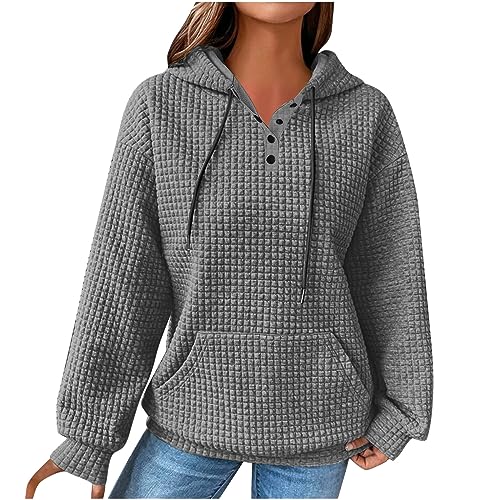 KDEIHT Langarmshirts für Damen Hoodie Waffel Kapuzenpullover Einfarbig Knopfleiste Sweatshirt Y2K Locker Pullover Leichte Kapuzenpulli Langarm Oversize Hoody Oberteile Streetwear Sweatpullover von KDEIHT