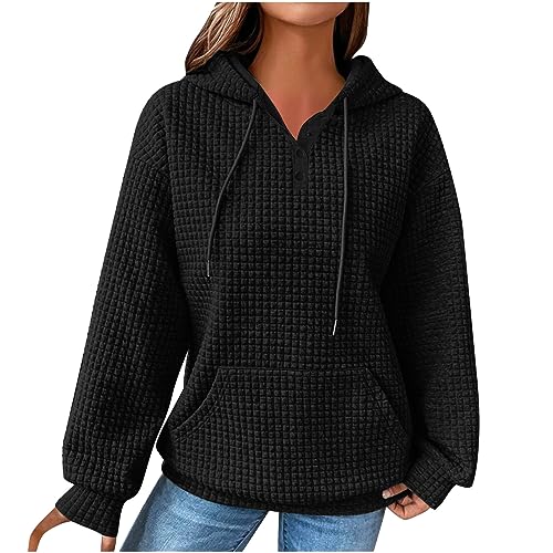 KDEIHT Langarmshirts für Damen Hoodie Waffel Kapuzenpullover Einfarbig Knopfleiste Sweatshirt Y2K Locker Pullover Leichte Kapuzenpulli Langarm Oversize Hoody Oberteile Streetwear Sweatpullover von KDEIHT