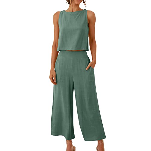 KDEIHT Musselin Hosenanzug Damen Sommer Zweiteiler Tank Top und Hose 2 Teiler Elegant Hosenanzüge Baumwolle Leinen Jogginganzug Elegant Outfit Business Casual Anzug angebot von KDEIHT