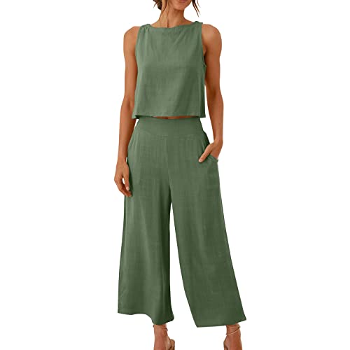 KDEIHT Musselin Hosenanzug Damen Sommer Zweiteiler Tank Top und Hose 2 Teiler Elegant Hosenanzüge Baumwolle Leinen Jogginganzug Elegant Outfit Business Casual Anzug von KDEIHT