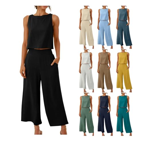 KDEIHT Musselin Hosenanzug Damen Sommer Zweiteiler Tank Top und Hose 2 Teiler Elegant Hosenanzüge Baumwolle Leinen Jogginganzug Elegant Outfit Business Casual Anzug von KDEIHT