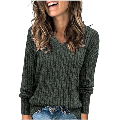 KDEIHT Pullover Strick Damen Sweatshirt Einfarbiges Strickpullover Warme Winter Pulli V-Ausschnitt Oberteile Stricken Kuschelig Top Elegant Gestrickter Strickpulli Gestrickter Basic Langarmshirt von KDEIHT