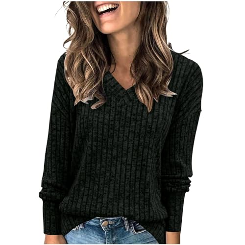 KDEIHT Pullover Strick Damen Sweatshirt Einfarbiges Strickpullover Warme Winter Pulli V-Ausschnitt Oberteile Stricken Kuschelig Top Elegant Gestrickter Strickpulli Gestrickter Basic Langarmshirt von KDEIHT