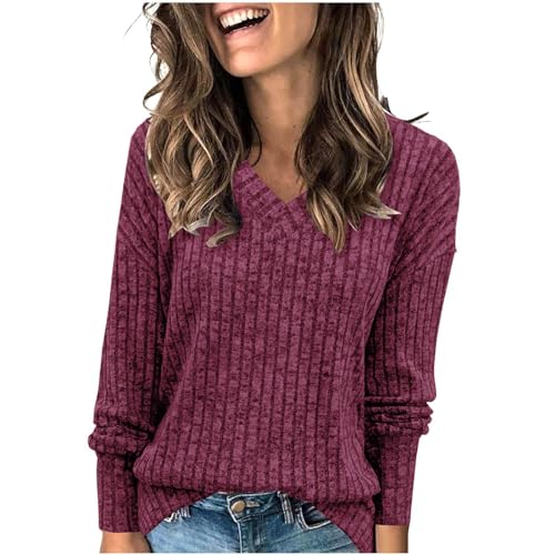 KDEIHT Pullover Strick Damen Sweatshirt Einfarbiges Strickpullover Warme Winter Pulli V-Ausschnitt Oberteile Stricken Kuschelig Top Elegant Gestrickter Strickpulli Gestrickter Basic Langarmshirt von KDEIHT