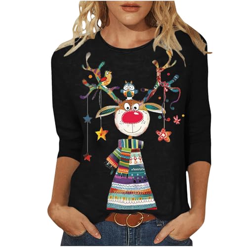 KDEIHT Sweatshirt Damen Weihnachten Pullover Rundhalsausschnitt Weihnachtspullover Langarm Tshirt mit Elch Weihnachtsmotiv Sweatshirts Lustige Weihnachts Pulli Vintage Outwear Casual Tunika von KDEIHT