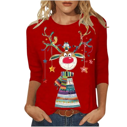 KDEIHT Sweatshirt Damen Weihnachten Pullover Rundhalsausschnitt Weihnachtspullover Langarm Tshirt mit Elch Weihnachtsmotiv Sweatshirts Lustige Weihnachts Pulli Vintage Outwear Casual Tunika von KDEIHT