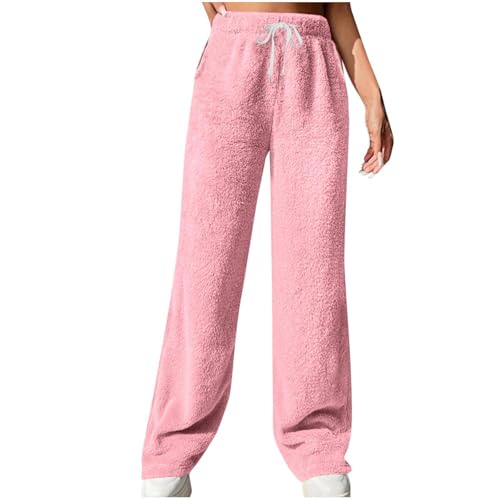 KDEIHT Winter Damen Jogginghose Einfarbig Fleece Freizeithose Bequem Warm Pyjamahose Flauschig Fleecehose mit Taschen und Kordelzug Freizeithose Plüsch Fitnesshose Dick Kuschelig Thermohose von KDEIHT