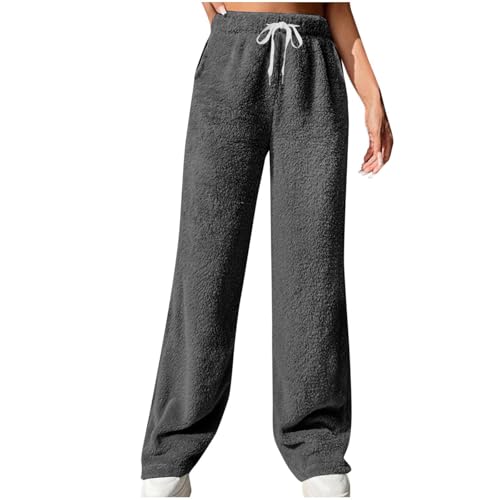 KDEIHT Winter Damen Jogginghose Einfarbig Fleece Freizeithose Bequem Warm Pyjamahose Flauschig Fleecehose mit Taschen und Kordelzug Freizeithose Plüsch Fitnesshose Dick Kuschelig Thermohose von KDEIHT