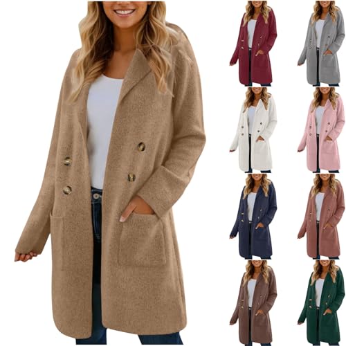 KDEIHT Wollmantel Damen Winter Wintermantel Lange Wolljacke Warme Mantel Elegant Winterjacke mit Reverskragen Jacke Wolle Trenchcoat Doppelreihig Hemdjacke Freizeit Winterparka Langarm Outdoorjacke von KDEIHT