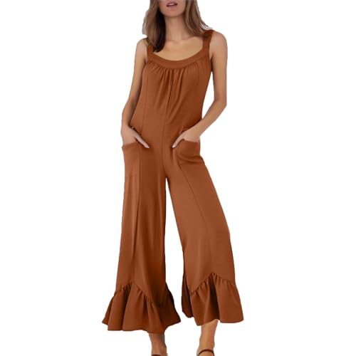 KDEIHT befristetes angebot heute Latzhosen für Damen Sommer Overall Lange Romper Frauen Lässig Latzhose mit Tasche Jumpsuit Rüschen Swing Einteiler Freizeithose Outfit Ärmellose Strampler von KDEIHT