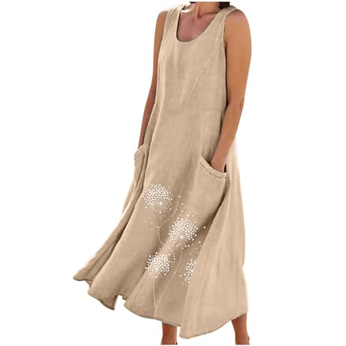 2025 Damen Sommerkleid Ärmelloses Freizeitkleid Sommer Kleid 2025 Lange Strandkleid Blumen Druck Leinenkleid mit Taschen Urlaubskleid Einfarbig Mode Tankkleid Atmungsaktiv Tunikakleid von KDEIHT